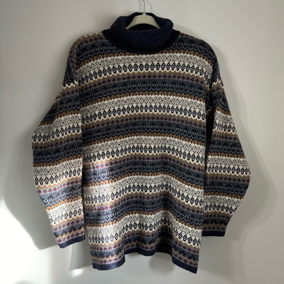 Longsleeve Navy Wool Blend Knit Fairisle Mens Sz S Oversized Turtleneck Sweater - Picture 1 of 5